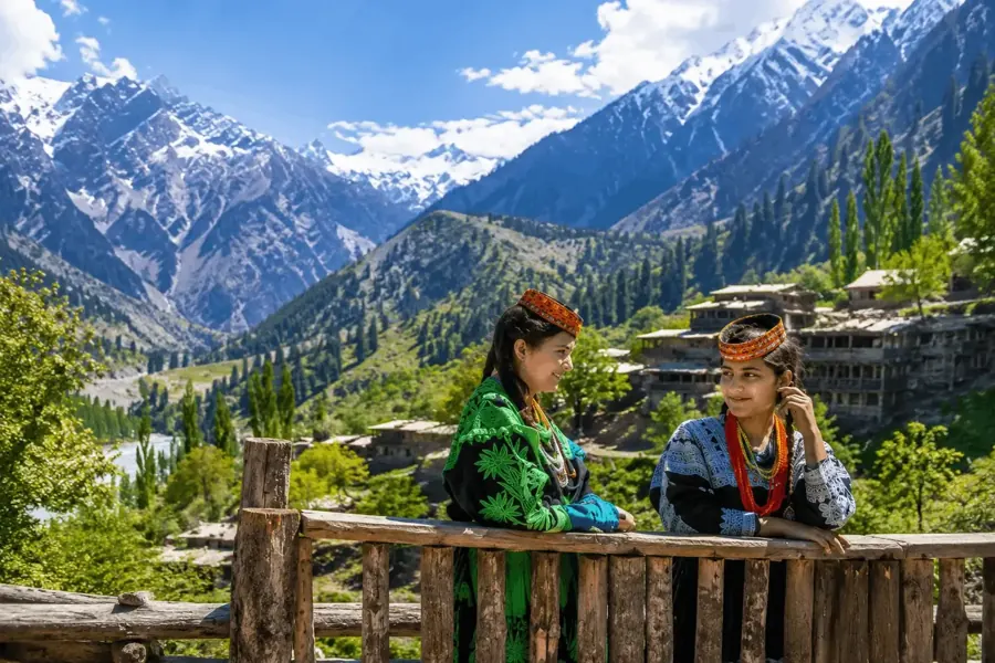 Oak-forested slopes and Kalash village in Rumbur Valley, Chitral, Pakistan