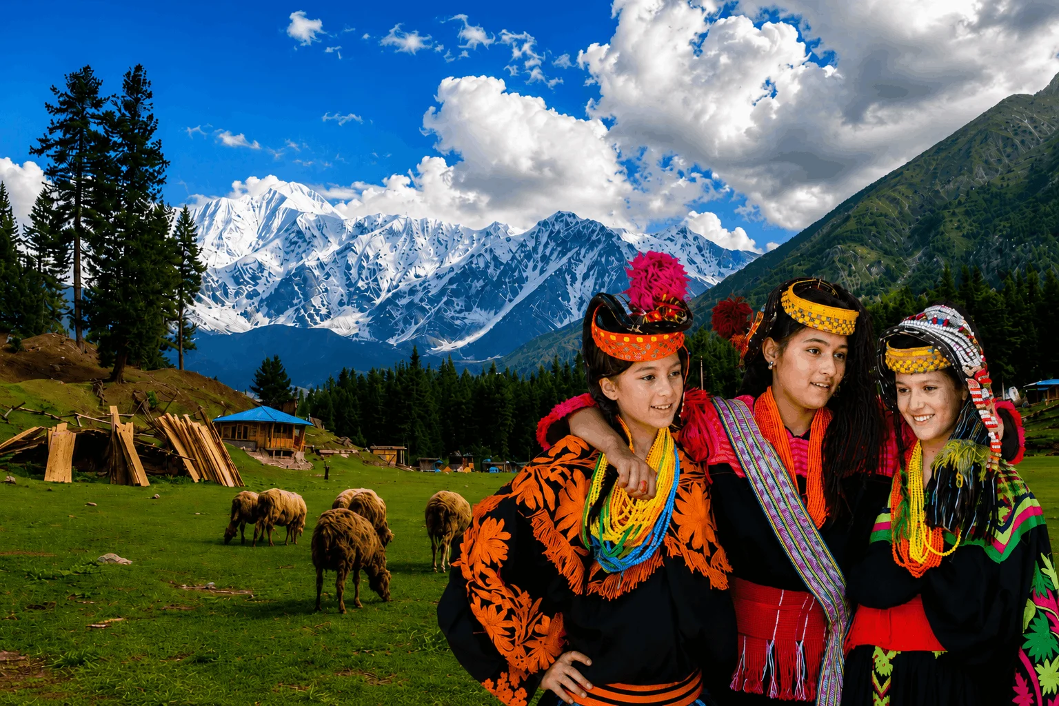 Local guide with travelers overlooking a Kalash valley in Chitral, Pakistan